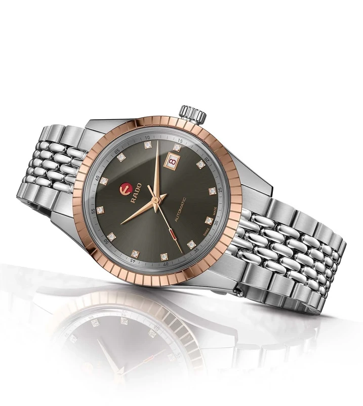 R-61003070 שעון מיוחד של ראדו יבואן רשמי | דגם הייפרכרום באזל זהב רוז | מנגנון אוטומטי | לוח אפור משובץ 12 יהלומים עם 5 שנים אחריות | מלאי מוגבל | Rado HyperChrome Classic Automatic Diamonds R33100703