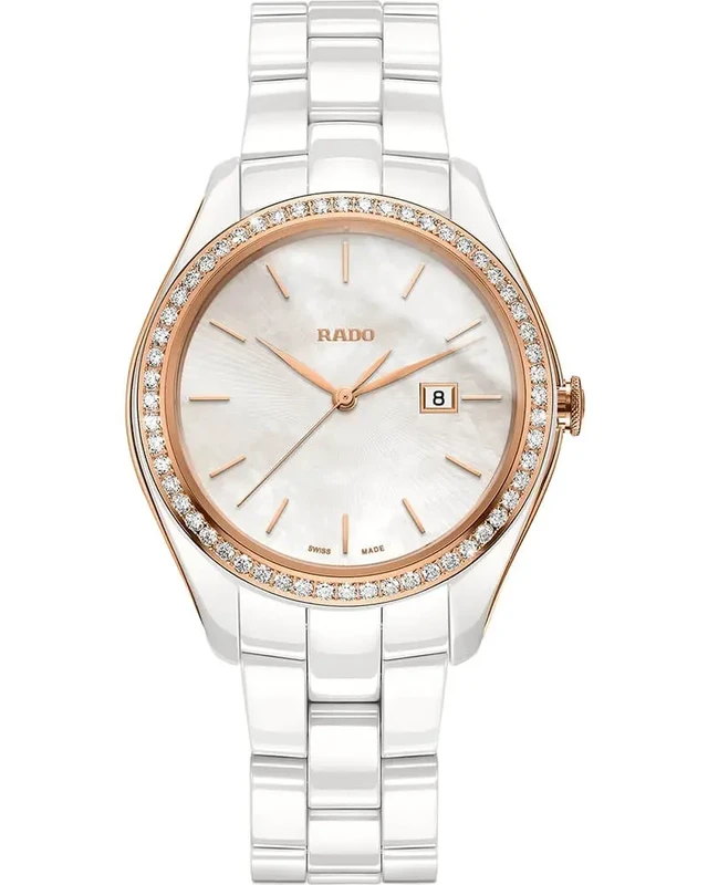 R-01263090 שעון ראדו מיוחד לנשים יבואן רשמי | RADO הייפרכרום קרמי לבן משולב זהב רוז משובץ יהלומים בבאזל לוח פנינה מיוחד | 5 שנים אחריות | R32126902 Rado HyperChrome Diamonds Swiss watch