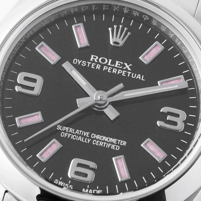 176200 שעון יד רולקס אויסטר פרפרטואל 26 מ';';מ לנשים בלוח מיוחד שחור ורוד | שעון לאחר טיפול עם תעודות של רולקס | Rolex Nondate Black Dial Pink Hour Markers Ladies Watch 176200