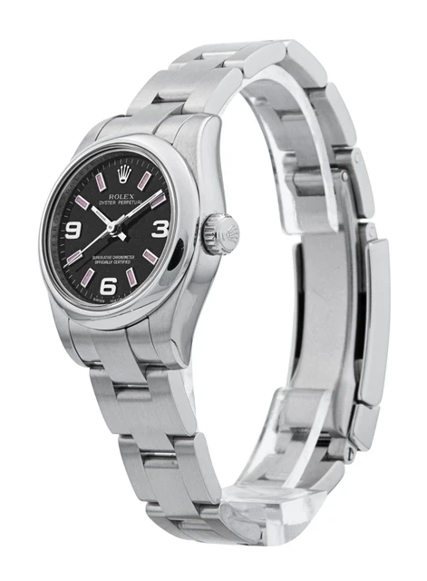 176200 שעון יד רולקס אויסטר פרפרטואל 26 מ';';מ לנשים בלוח מיוחד שחור ורוד | שעון לאחר טיפול עם תעודות של רולקס | Rolex Nondate Black Dial Pink Hour Markers Ladies Watch 176200