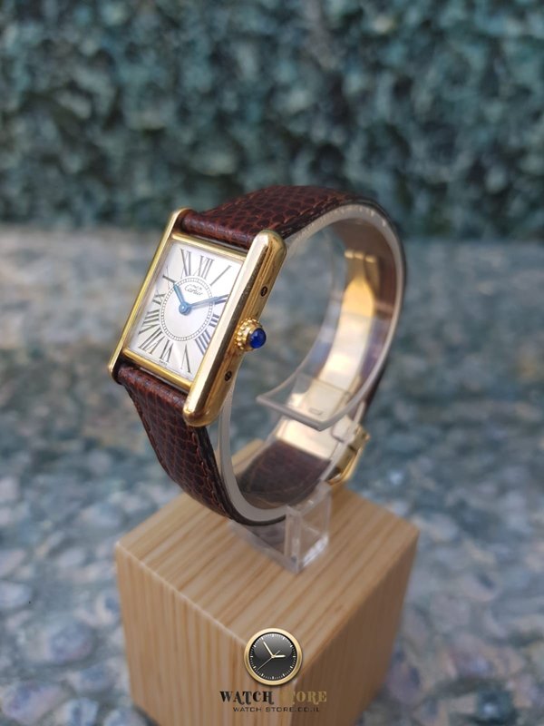 שעון יד קרטייה טנק לנשים | שעון יד 2 כולל שנה אחריות | רצועת עור מקורית | Cartier Must 21 quartz womens Watch 1613