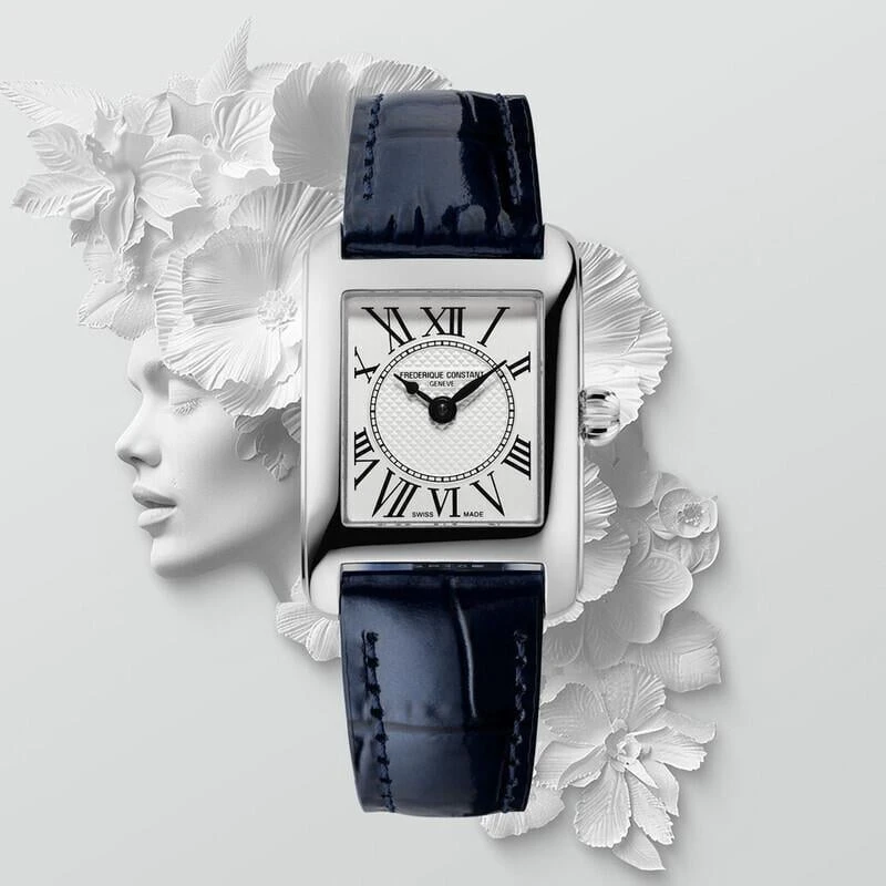 FC-200MC16 שעון יוקרתי מלבני לאישה של פרדריק קונסטנט | דגם אלגנטי אופנתי ברצועת עור כחולה | לוח רומי כולל שנתיים אחריות יבואן רשמי | Frederique Constant Classic Carree 23mm Ladies Watch FC-200MC16