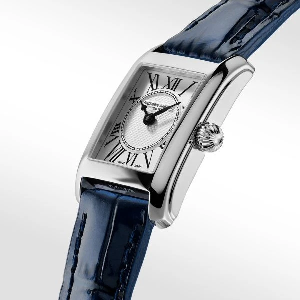 FC-200MC16 שעון יוקרתי מלבני לאישה של פרדריק קונסטנט | דגם אלגנטי אופנתי ברצועת עור כחולה | לוח רומי כולל שנתיים אחריות יבואן רשמי | Frederique Constant Classic Carree 23mm Ladies Watch FC-200MC16
