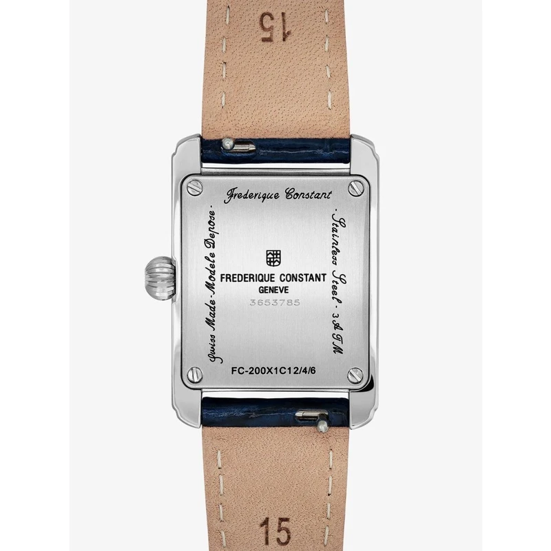 FC-200MC16 שעון יוקרתי מלבני לאישה של פרדריק קונסטנט | דגם אלגנטי אופנתי ברצועת עור כחולה | לוח רומי כולל שנתיים אחריות יבואן רשמי | Frederique Constant Classic Carree 23mm Ladies Watch FC-200MC16