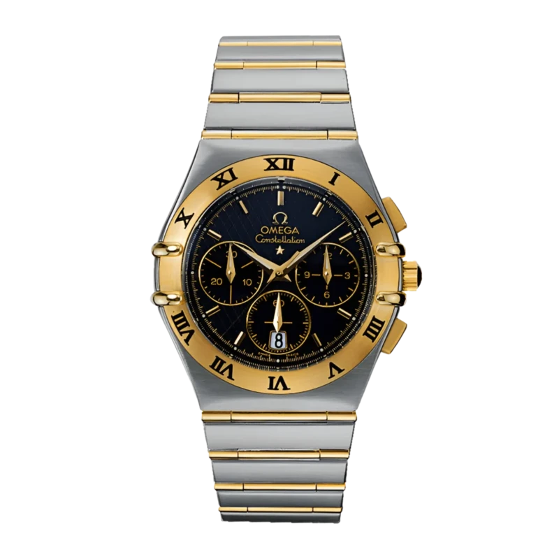 1242.50.00 שעון אומגה קונסטליישן כרונוגרף לגברים יד 2 | שעון שמור משולב זהב 18Kעם ברים מלאים | לוח שחור מיוחד | כולל אחריות | Omega Constellation Double Eagle Chronograph 39mm 1242.50.00 18K GOLD