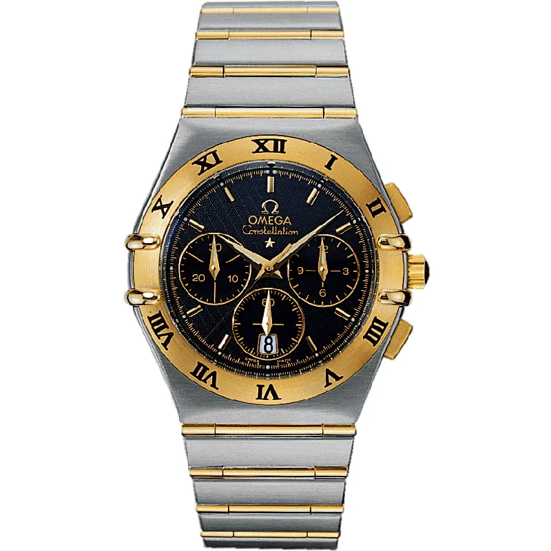 1242.50.00 שעון אומגה קונסטליישן כרונוגרף לגברים יד 2 | שעון שמור משולב זהב 18Kעם ברים מלאים | לוח שחור מיוחד | כולל אחריות | Omega Constellation Double Eagle Chronograph 39mm 1242.50.00 18K GOLD