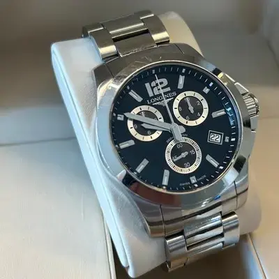 L36604566 שעון יד 2 לונג';ין לגברים | דגם כרונוגרף בלוח שחור 41 מ';';מ | שעון שור מאד | כולל אחריות | Conquest Chronograph Black Dial Stainless Steel Men';s Watch L36604566