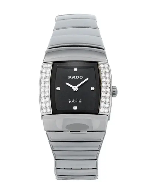 153.0578.3.071 שעון ראדו סינטרה לנשים יד 2 | דגם מיני משובץ 44 יהלומים | קרמיקה כסופה בלוח שחור | שנה אחריות כולל קופסא וכרטיסים | Pre-Owned Rado Sintra 153.0578.3.071 available to buy