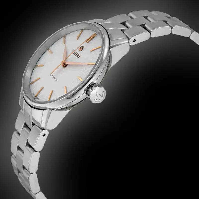 R22860023 שעון ראדו קופל אוטומטי יד 2 כמו חדש | לוח לבן פסים מיוחד | מחוגים רוז | חלון אחורי שקוף | כולל אחריות קופסא וכרטיסים | Rado Unisex R22860023 Coupole Classic Automatic Watch
