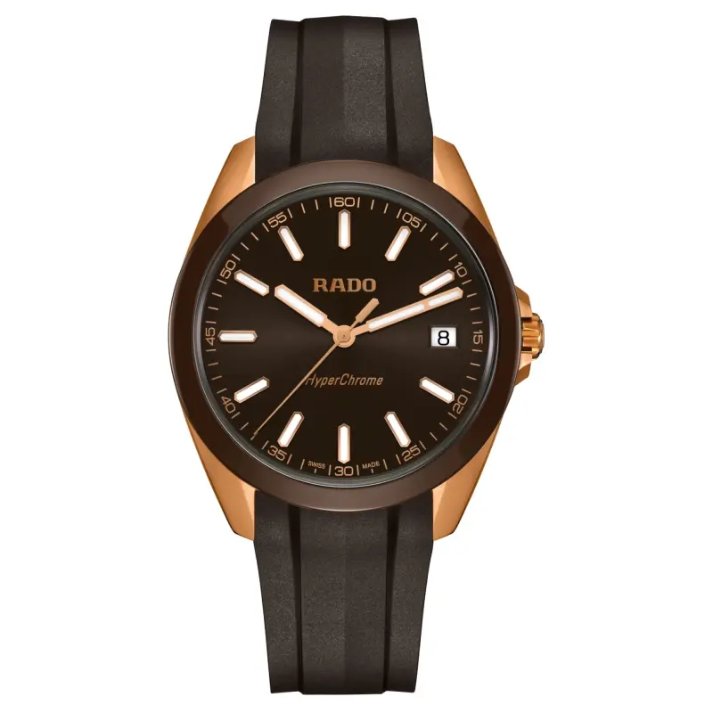 R62813130 | R32281309 שעון ראדו יבואן רשמי לגברים | דגם חדש מסדרת הייפרכרום | דגם ספורט אלגנטי ברצועת סיליקון חומה | לוח חום זרחני | Rado Hyperchrome Brown Dial Rubber Strap Watch R32281309