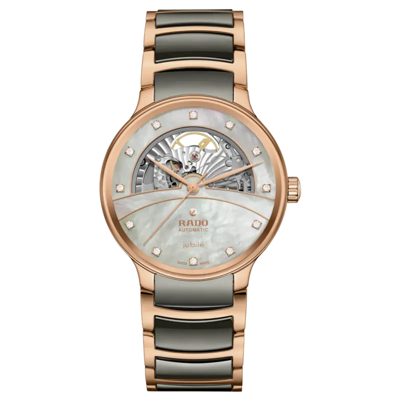 R-60283091 | R30028912 שעון ראדו יבואן רשמי לגברים מסדרת סנטריקס רוז גולד | דגם קרמיקה אוטומטי סקלטון | לוח פנינה משובץ 12 יהלומים | 5 שנים אחריות | Rado Centrix Automatic Diamonds Open Heart R3002891