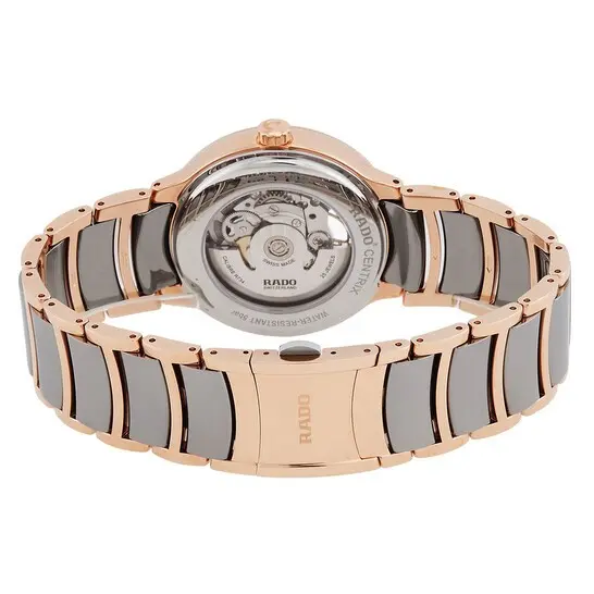 R-60283091 | R30028912 שעון ראדו יבואן רשמי לגברים מסדרת סנטריקס רוז גולד | דגם קרמיקה אוטומטי סקלטון | לוח פנינה משובץ 12 יהלומים | 5 שנים אחריות | Rado Centrix Automatic Diamonds Open Heart R3002891