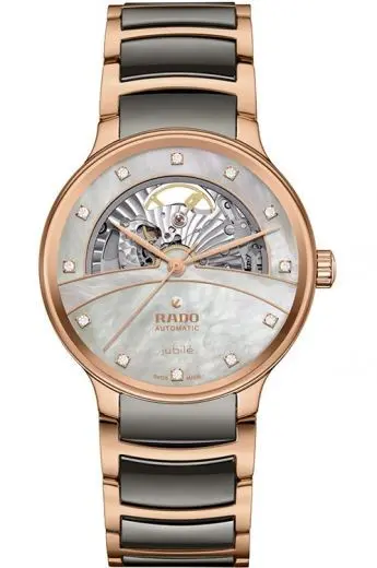 R-60283091 | R30028912 שעון ראדו יבואן רשמי לגברים מסדרת סנטריקס רוז גולד | דגם קרמיקה אוטומטי סקלטון | לוח פנינה משובץ 12 יהלומים | 5 שנים אחריות | Rado Centrix Automatic Diamonds Open Heart R3002891