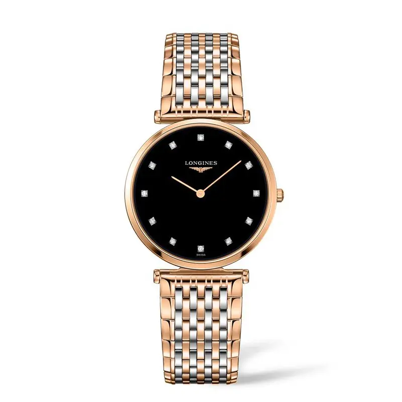 L47091577 שעון יד לונג';ין לאישה | דגם טוטון זהב רוז דק מאד מסדרת לה גרנדה | לוח שחור משובץ 12 יהלומים כולל שנתיים אחריות | מלאי מוגבל | Longines La Grande Classique De Longines L4.709.1.57.7