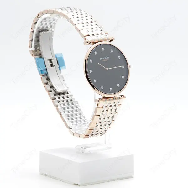 L47091577 שעון יד לונג';ין לאישה | דגם טוטון זהב רוז דק מאד מסדרת לה גרנדה | לוח שחור משובץ 12 יהלומים כולל שנתיים אחריות | מלאי מוגבל | Longines La Grande Classique De Longines L4.709.1.57.7