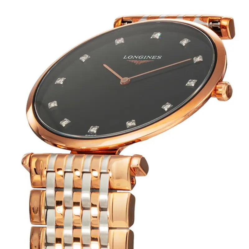L47091577 שעון יד לונג';ין לאישה | דגם טוטון זהב רוז דק מאד מסדרת לה גרנדה | לוח שחור משובץ 12 יהלומים כולל שנתיים אחריות | מלאי מוגבל | Longines La Grande Classique De Longines L4.709.1.57.7