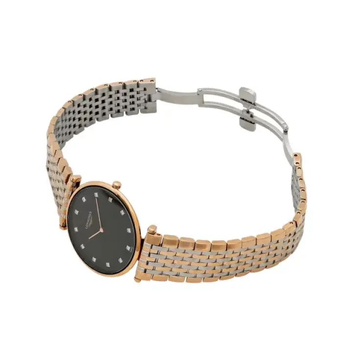 L47091577 שעון יד לונג';ין לאישה | דגם טוטון זהב רוז דק מאד מסדרת לה גרנדה | לוח שחור משובץ 12 יהלומים כולל שנתיים אחריות | מלאי מוגבל | Longines La Grande Classique De Longines L4.709.1.57.7