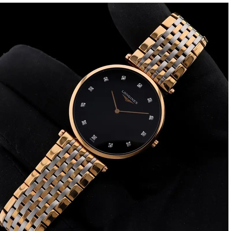 L47091577 שעון יד לונג';ין לאישה | דגם טוטון זהב רוז דק מאד מסדרת לה גרנדה | לוח שחור משובץ 12 יהלומים כולל שנתיים אחריות | מלאי מוגבל | Longines La Grande Classique De Longines L4.709.1.57.7