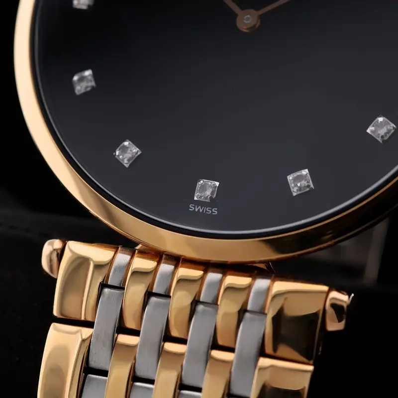 L47091577 שעון יד לונג';ין לאישה | דגם טוטון זהב רוז דק מאד מסדרת לה גרנדה | לוח שחור משובץ 12 יהלומים כולל שנתיים אחריות | מלאי מוגבל | Longines La Grande Classique De Longines L4.709.1.57.7