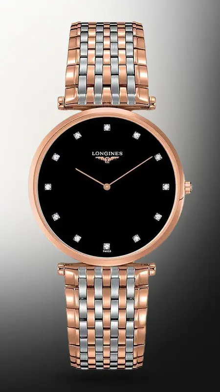 L47091577 שעון יד לונג';ין לאישה | דגם טוטון זהב רוז דק מאד מסדרת לה גרנדה | לוח שחור משובץ 12 יהלומים כולל שנתיים אחריות | מלאי מוגבל | Longines La Grande Classique De Longines L4.709.1.57.7