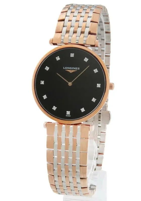 L47091577 שעון יד לונג';ין לאישה | דגם טוטון זהב רוז דק מאד מסדרת לה גרנדה | לוח שחור משובץ 12 יהלומים כולל שנתיים אחריות | מלאי מוגבל | Longines La Grande Classique De Longines L4.709.1.57.7