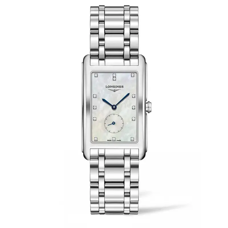L57554876 שעון יד לונג';ין לנשים מסדרת דולצה ויטה | דגם מלבני משובץ 13 יהלומים בלוח לבן פנינה | שעון שניות קטן בלוח | שנתיים אחריות | Longines DolceVita Diamond Ladies Watch L5.755.4.87.6