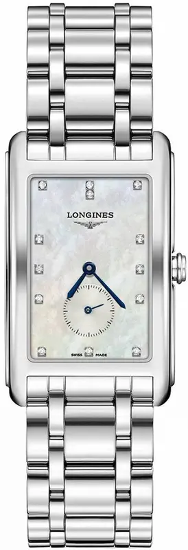 L57554876 שעון יד לונג';ין לנשים מסדרת דולצה ויטה | דגם מלבני משובץ 13 יהלומים בלוח לבן פנינה | שעון שניות קטן בלוח | שנתיים אחריות | Longines DolceVita Diamond Ladies Watch L5.755.4.87.6
