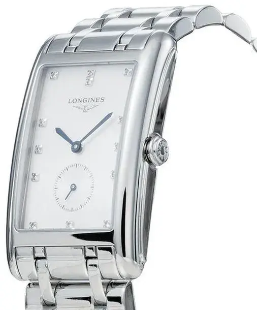 L57554876 שעון יד לונג';ין לנשים מסדרת דולצה ויטה | דגם מלבני משובץ 13 יהלומים בלוח לבן פנינה | שעון שניות קטן בלוח | שנתיים אחריות | Longines DolceVita Diamond Ladies Watch L5.755.4.87.6