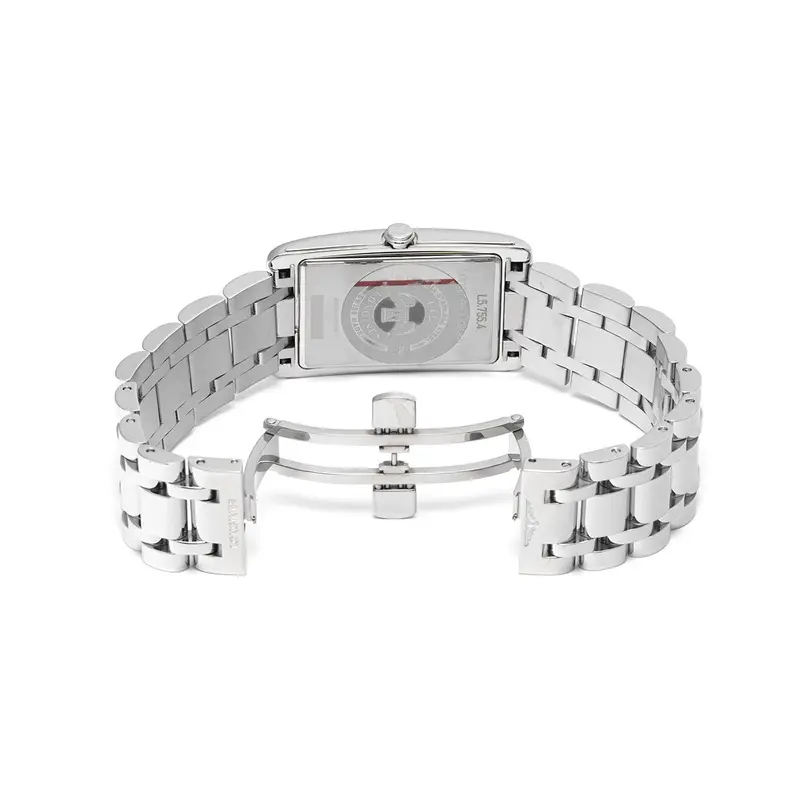 L57554876 שעון יד לונג';ין לנשים מסדרת דולצה ויטה | דגם מלבני משובץ 13 יהלומים בלוח לבן פנינה | שעון שניות קטן בלוח | שנתיים אחריות | Longines DolceVita Diamond Ladies Watch L5.755.4.87.6