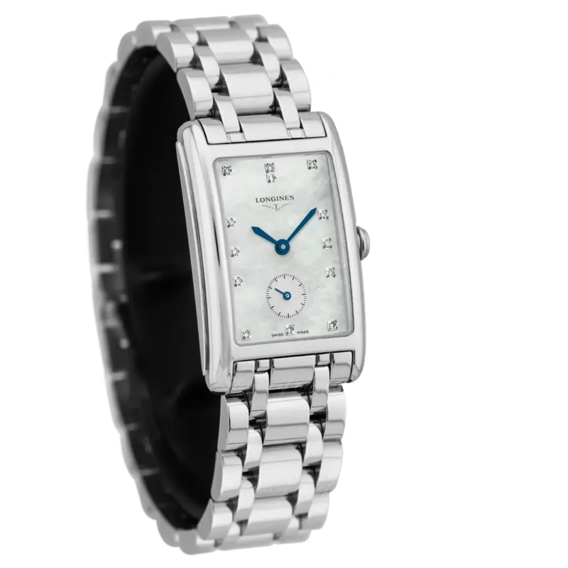 L57554876 שעון יד לונג';ין לנשים מסדרת דולצה ויטה | דגם מלבני משובץ 13 יהלומים בלוח לבן פנינה | שעון שניות קטן בלוח | שנתיים אחריות | Longines DolceVita Diamond Ladies Watch L5.755.4.87.6