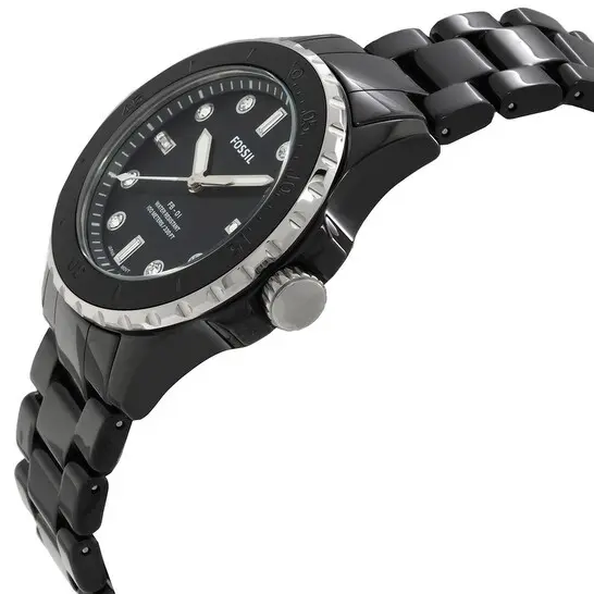 CE1108 שעון קרמי של פוסיל לנשים דגם שחור 36 מ';';מ | שעון אופנתי יוקרתי בלוח שחור קריסטלים | Fossil FB-01 Analog Ceramic Black Dial Quartz CE1108