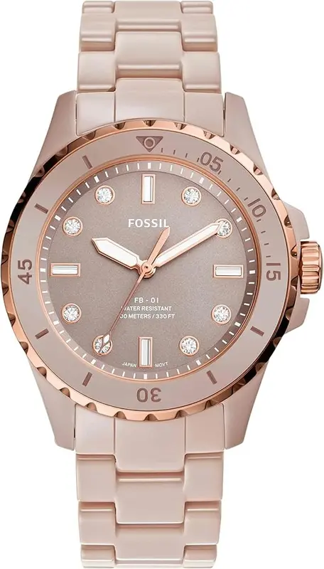 CE1111 שעון לאישה של פוסיל | דגם חדש בצבע ניוד | שעון קרמיקה בלוח קריסטלים | שעוני אופנה יוקרתיים | FB-01 Three-Hand Salted Caramel Ceramic Watch CE1111