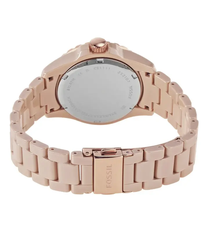 CE1111 שעון לאישה של פוסיל | דגם חדש בצבע ניוד | שעון קרמיקה בלוח קריסטלים | שעוני אופנה יוקרתיים | FB-01 Three-Hand Salted Caramel Ceramic Watch CE1111