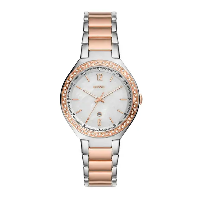 BQ3844 שעון פוסיל לאישה | דגם משולב זהב רוז גולד בלוח פנינה | שעון אופנתי משובץ זרקונים | שנתיים אחריות - מלאי מוגבל | Fossil Ashtyn Three-Hand Date Two-Tone Stainless Steel Women';s Watch - BQ3844