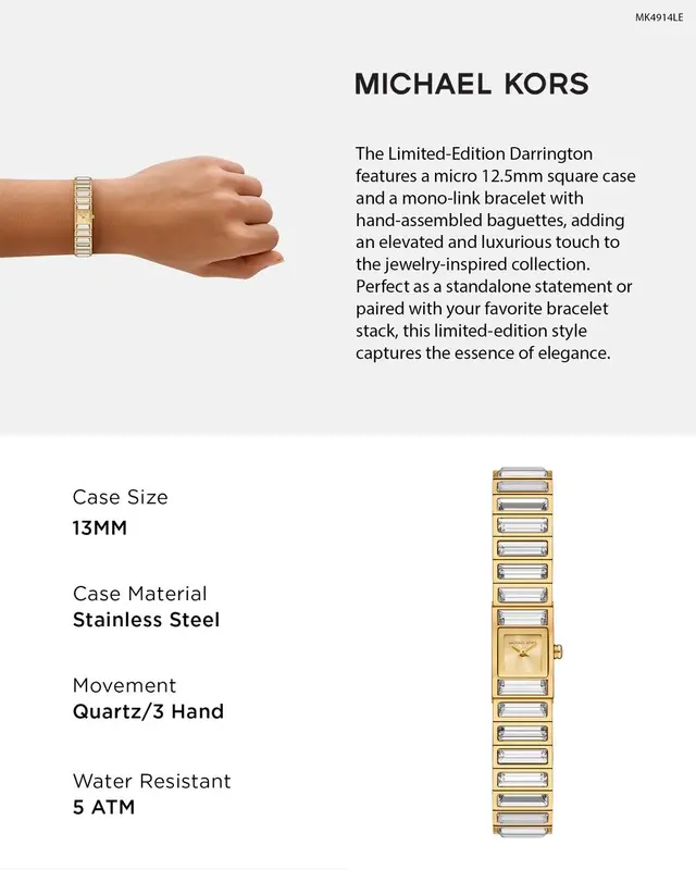 MK4914LE שעון מייקל קורס זהב לנשים במהדורה מוגבלת של 500 יחי | דגם מלבני משובץ אבני באגטים | שעון אופנתי מיוחד | שנתיים אחריות | מלאי מוגבל | Limited-Edition Mini Darrington Pav? Bezel Gold-Tone Watch
