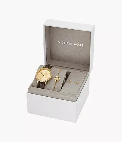 MKO9001SET שעון מייקל קורס לאישה | מארז מיוחד הכולל צמיד ועגילים תואמים | רצועת עור ממותגת |באזל משובץ אבנים | מלאי מוגבל | שנתיים אחריות | Michael Kors MKO9001SET Addyson Gift Set