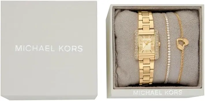 MK7510SET שעון חדש של מייקל קורס | דגם מלבני שמגיע כסט עם 2 צמידים מקוריים | שעון משובץ זרקונים עם שנתיים אחריות | Michael Kors MK7510SET Ladies Emery Watch and Bracelets Gift Set