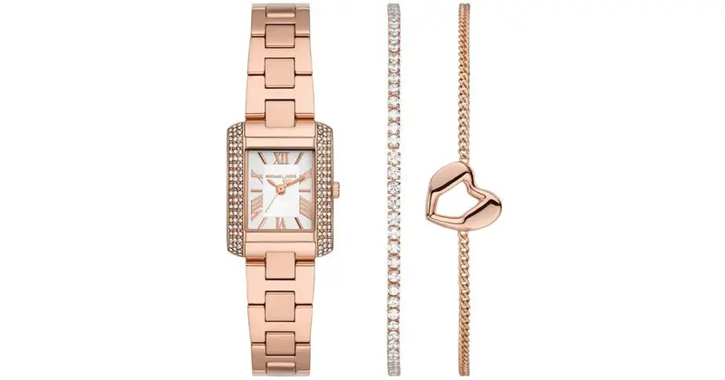 MK7512SET שעון סט עם צמידים של מייקל קורס לנשים | לוח רומי | באזל משובץ זרקונים | שנתיים אחריות | מלאי מוגבל |Michael Kors Women';s Emery Set White Dial Watch - MK7512SET