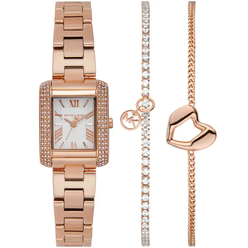 MK7512SET שעון סט עם צמידים של מייקל קורס לנשים | לוח רומי | באזל משובץ זרקונים | שנתיים אחריות | מלאי מוגבל |Michael Kors Women';s Emery Set White Dial Watch - MK7512SET