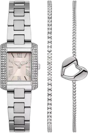 MK7514SET שעון מייקל קורס לנשים | דגם מלבני משובץ | סט מתנה כולל 2 צמידים | לוח ורוד עדין רומי | מלאי מוגבל | שנתיים אחריות | Mini Emery Silver-Tone Watch and Bracelet Gift Set MK7514SET