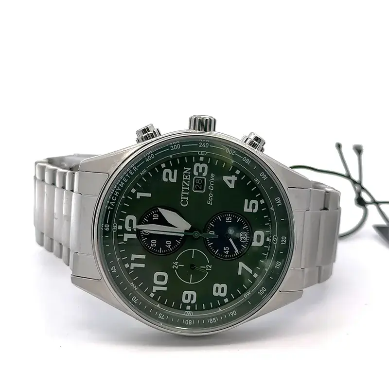 CA0770-56X שעון סיטיזן אקו דרייב סולארי לגברים | דגם חדש ומיוחג בלוח ירוק זרחני עם מספרים | שנתיים אחריות Citizen Eco Drive Chronograph 43mm Mens Watch Green CA0770-56X