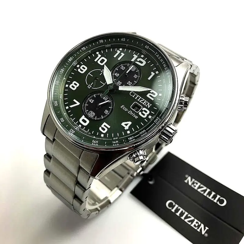 CA0770-56X שעון סיטיזן אקו דרייב סולארי לגברים | דגם חדש ומיוחג בלוח ירוק זרחני עם מספרים | שנתיים אחריות Citizen Eco Drive Chronograph 43mm Mens Watch Green CA0770-56X