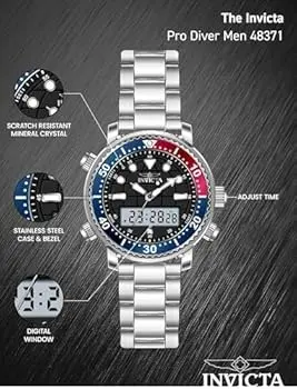 48368 שעון ספורטיבי דיגיטלי אנלוגי של אינווקטה לגבר | לוח כתום מיוחד ברצועת סיליקון | שעון מעורר - תאורה - 2 שעוני זמן ועוד | שנתיים אחריות | Invicta Men';s Pro Diver 46mm Digital Chronograph 48368