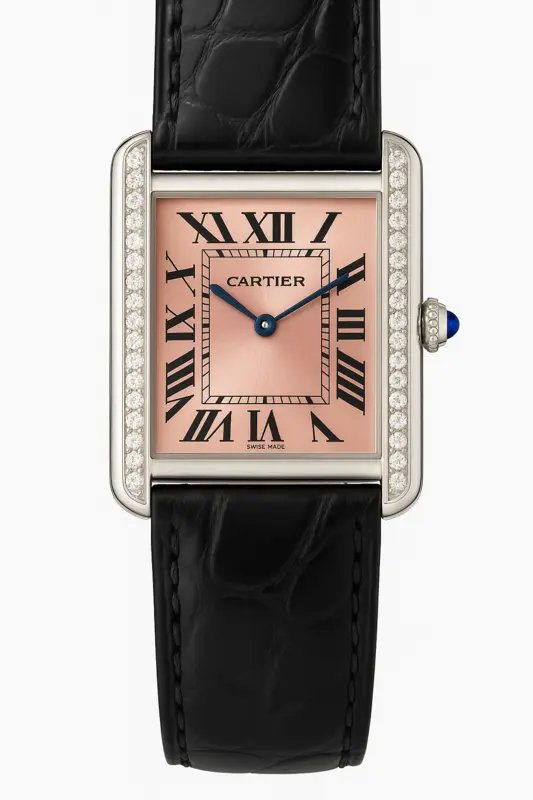 3170 שעון יד קרטייה טנק לאישה דגם 25 מ';';מ יד 2 שמור מאד | לוח ורוד סלומון מיוחד עם שיבוץ יהלומים | רצועה חדשה כולל כל התעודות וקופסא | שנה אחריות | Cartier Tank SOLO Small Ladies Pink Dial Diamonds