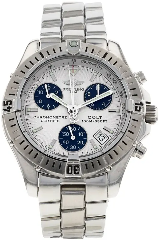 A73350 שעון יד ברייטלינג יד 2 לגברים | דגם קולט 38 מ';';מ | לוחפנדה מיוחד לבן עם כחול | שעון יוקרתי כולל אחריות | Breitling Colt Chronograph Stainless Steel Mens Watch A73350