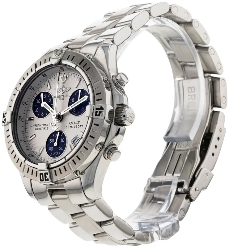 A73350 שעון יד ברייטלינג יד 2 לגברים | דגם קולט 38 מ';';מ | לוחפנדה מיוחד לבן עם כחול | שעון יוקרתי כולל אחריות | Breitling Colt Chronograph Stainless Steel Mens Watch A73350