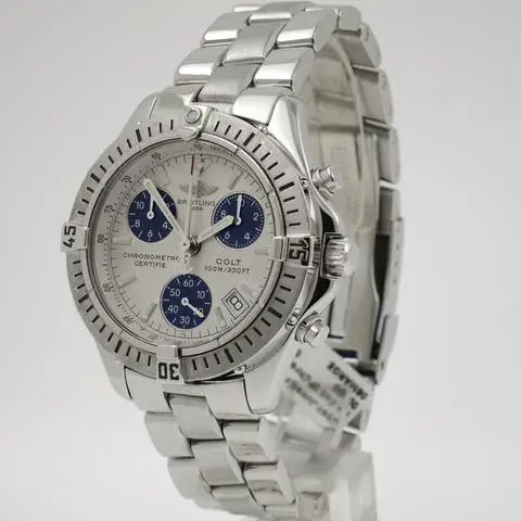 A73350 שעון יד ברייטלינג יד 2 לגברים | דגם קולט 38 מ';';מ | לוחפנדה מיוחד לבן עם כחול | שעון יוקרתי כולל אחריות | Breitling Colt Chronograph Stainless Steel Mens Watch A73350
