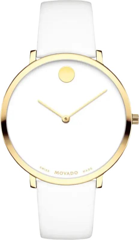 0607138 שעון לאישה של מובאדו שוויץ | מהדורה מיוחדת ל70 שנה לסדרת מוזיאון | שעון קלאסי אלגנטי ברצועת עור לבנה | באזל זהב | Movado Museum 70th Anniversary White Dial Ladies Watch 0607138