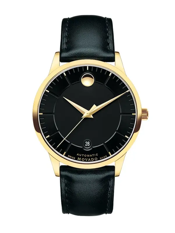0606875 שעון יד מובאדו יבואן רשמי לגברים | דגם זהב אוטומטי ברצועת עור | לוח שחור מיוחד עם חלון אחרי שקוף | מלאי מוגבל | Automatic Black Dial Black Leather Men';s Watch 0606875 by Movado