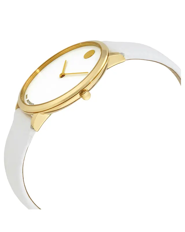 0607138 שעון לאישה של מובאדו שוויץ | מהדורה מיוחדת ל70 שנה לסדרת מוזיאון | שעון קלאסי אלגנטי ברצועת עור לבנה | באזל זהב | Movado Museum 70th Anniversary White Dial Ladies Watch 0607138